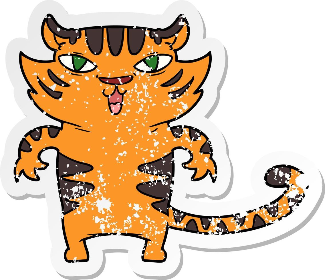distressed sticker of a happy cartoon tiger vector