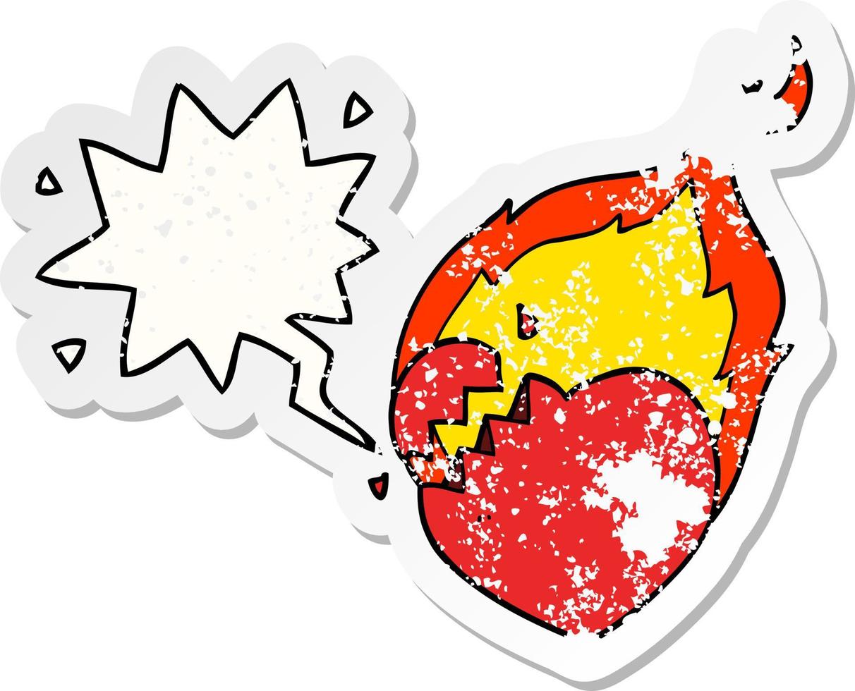 cartoon flaming heart and speech bubble distressed sticker vector