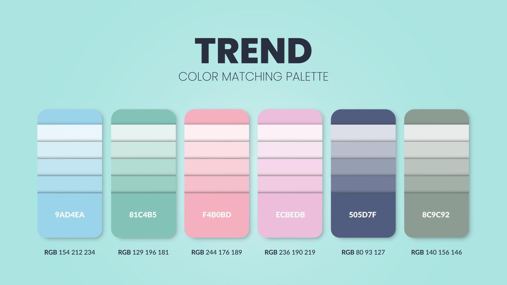 Las paletas de colores de tema de tendencia o los esquemas de color son combinaciones de tendencias y guías de paletas de este año, una tabla de tonos de color en rgb o hexadecimal. una muestra de color para una moda de primavera, un hogar o un diseño de interiores. vector