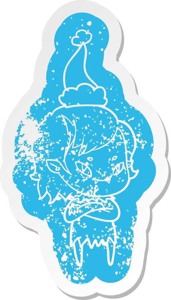 cartoon distressed sticker of a friendly vampire girl wearing santa hat vector