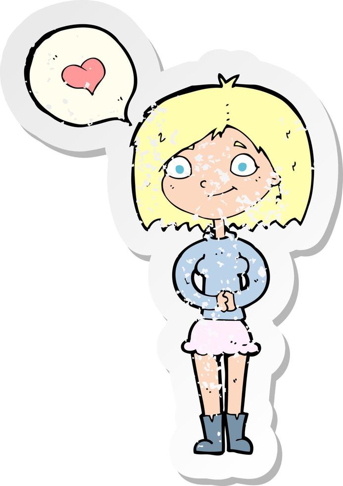 retro distressed sticker of a cartoon woman in love vector