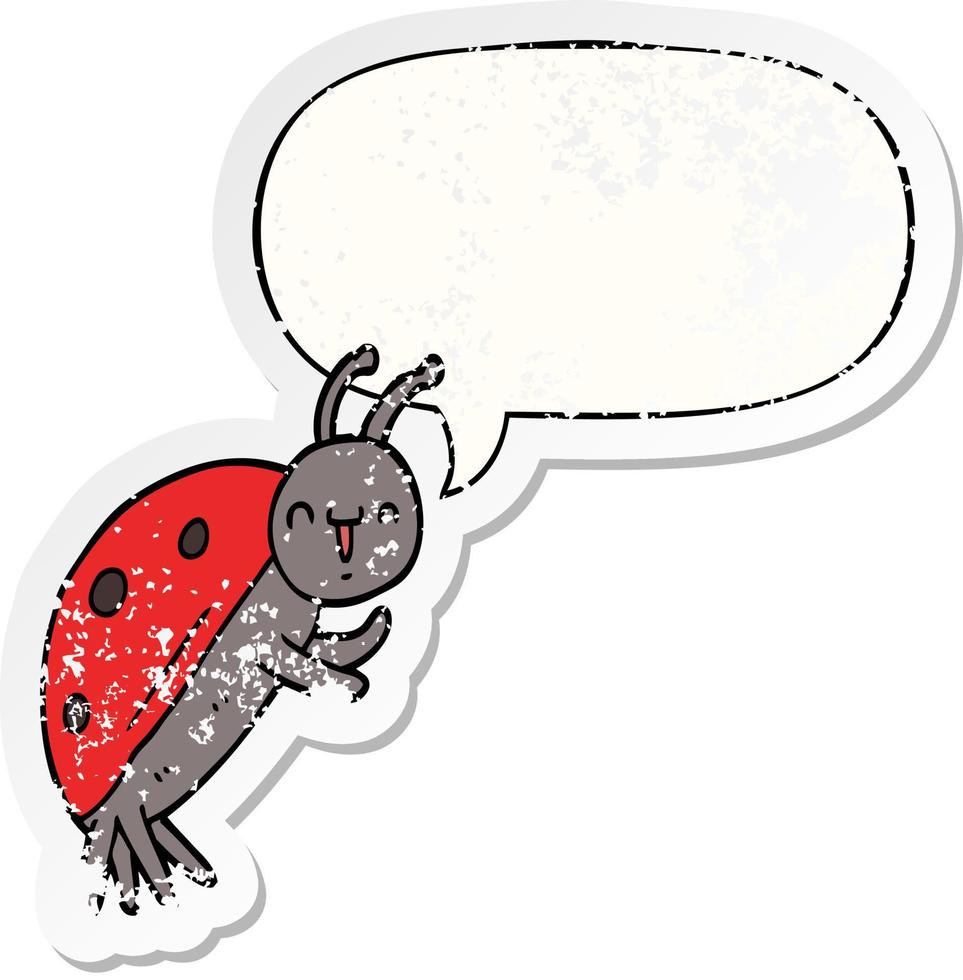 cute cartoon ladybug and speech bubble distressed sticker vector