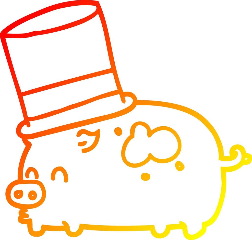 warm gradient line drawing cartoon pig wearing top hat vector