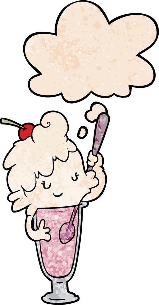 cartoon ice cream soda girl and thought bubble in grunge texture pattern style vector