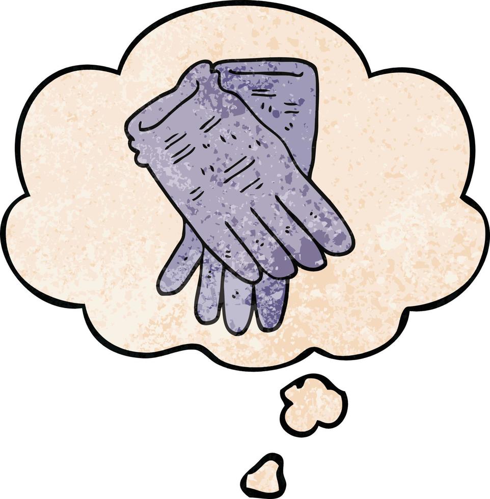 cartoon garden work gloves and thought bubble in grunge texture pattern style vector