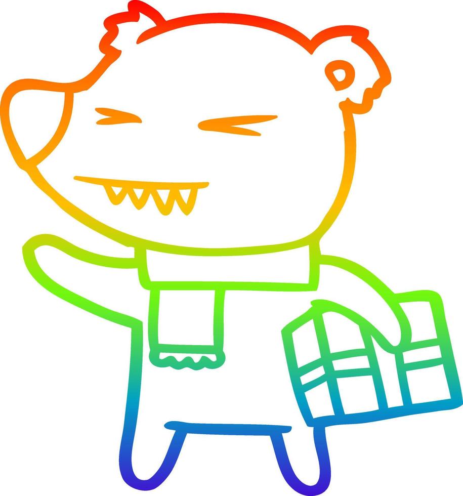 rainbow gradient line drawing cartoon angry polar bear with xmas present vector