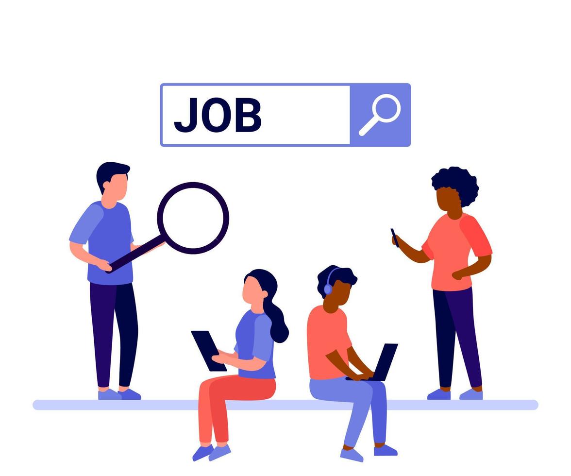 Search job of people online, find vacancy, employment, go to career of hire. People seek opportunity for vacancy or work position. Search new work in internet. Vector illustration