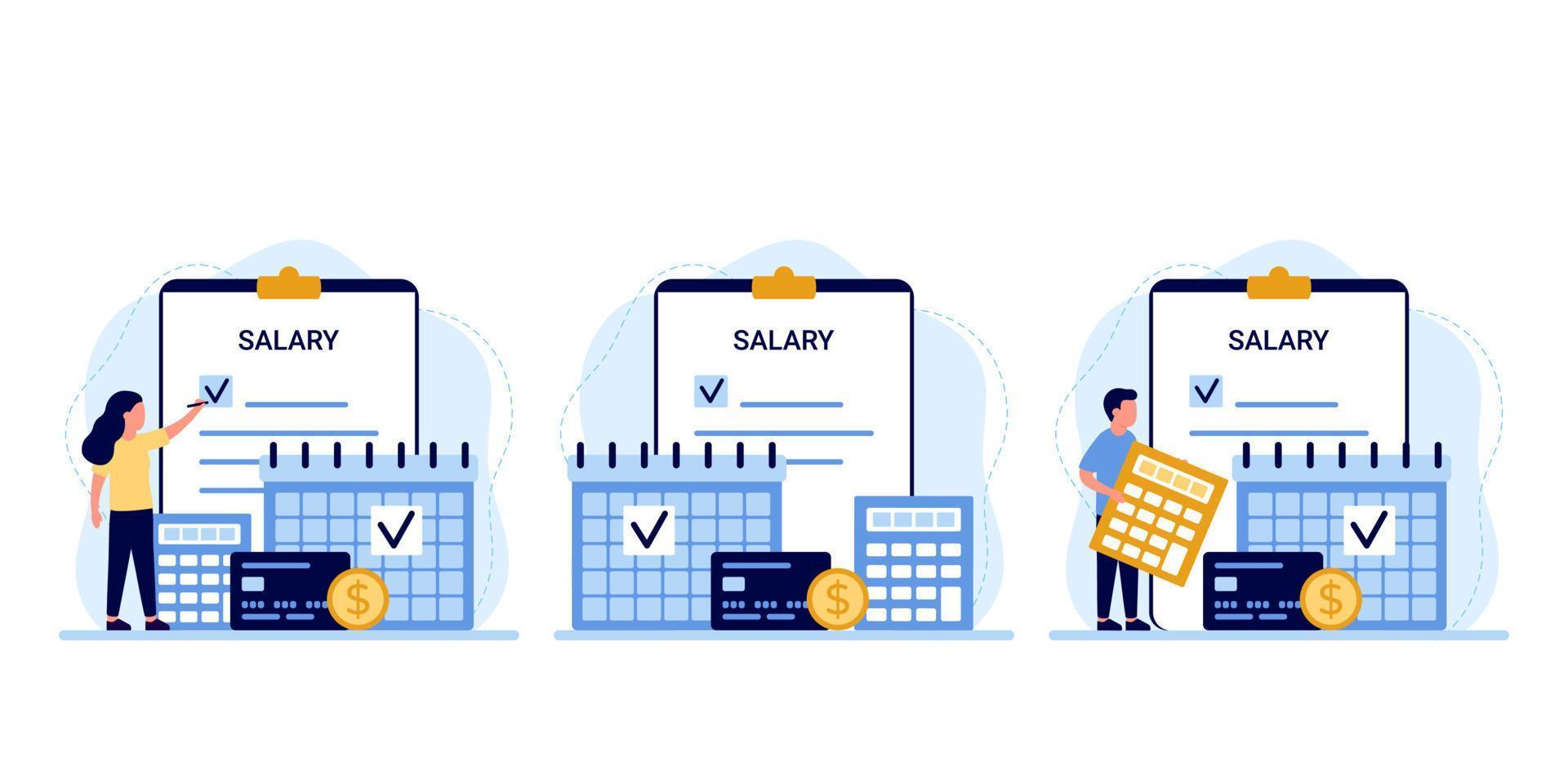 Payroll, calendar with date salary payment, people pay money. Work accountant, check calculating payment, expenses. Bookkeeping. Vector illustration