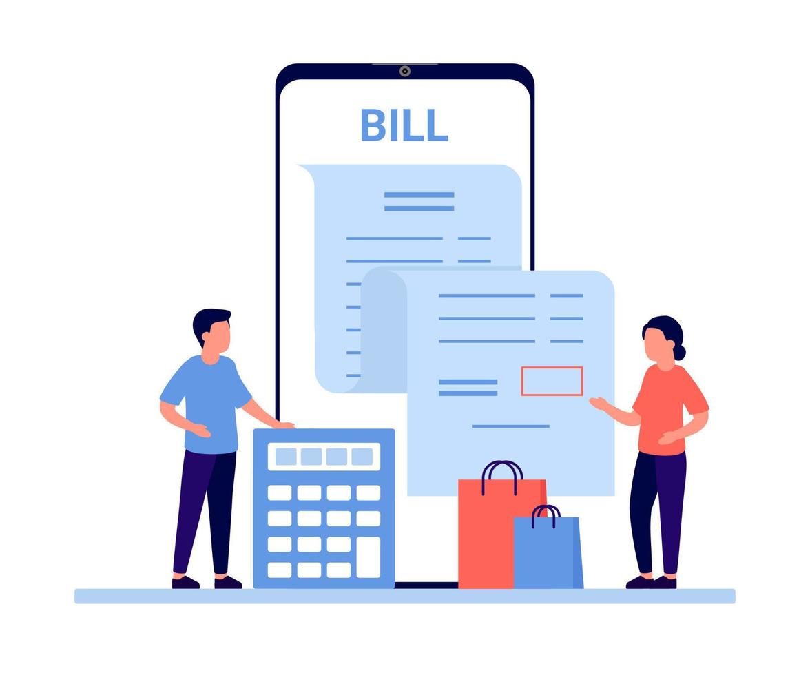 Calculating big financial bill on mobile app and pay price, invoice, tax, check. People make electronic receipt on smartphone. Budget planning, revenue calculation. Payment of debt. Vector