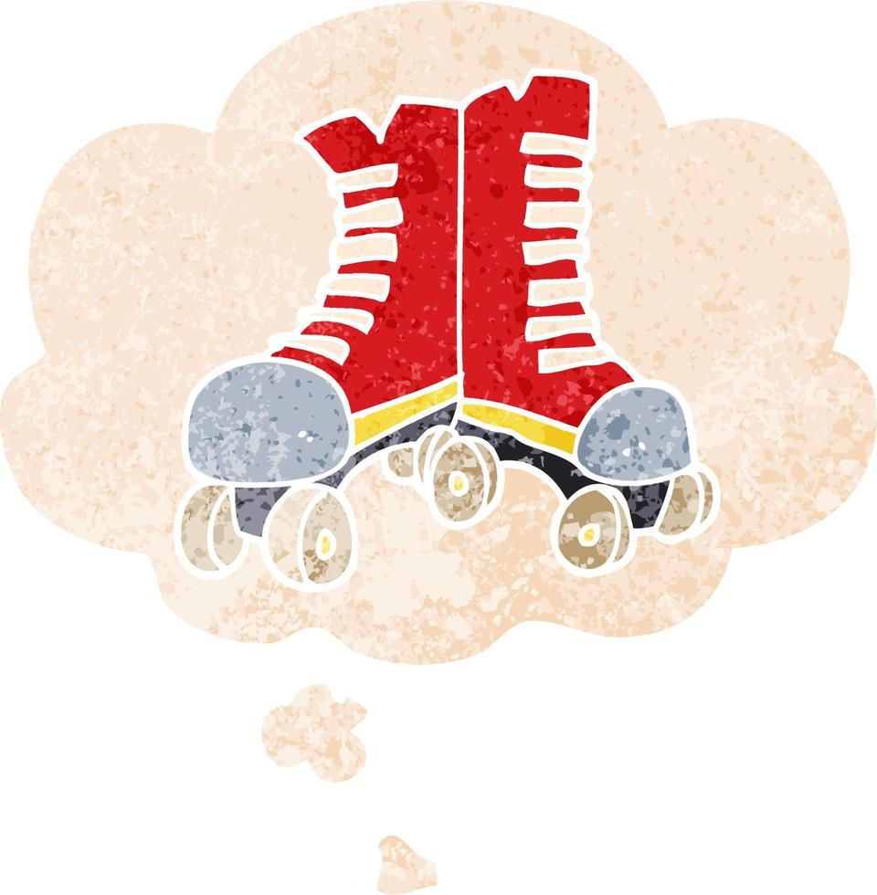 cartoon roller boots and thought bubble in retro textured style vector