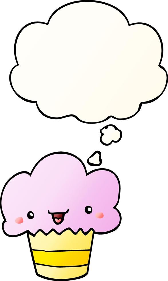 cartoon cupcake with face and thought bubble in smooth gradient style vector
