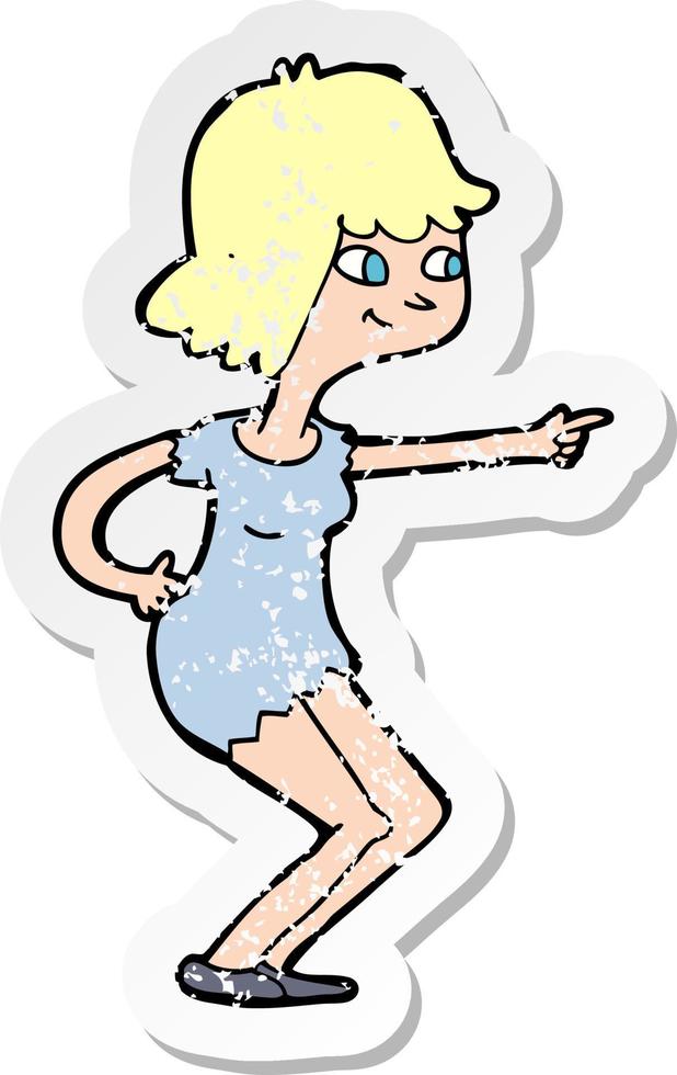pegatina retro angustiada de una chica de dibujos animados señalando vector