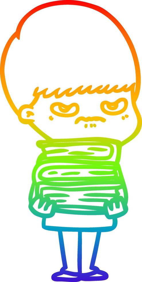 rainbow gradient line drawing angry cartoon boy with books vector