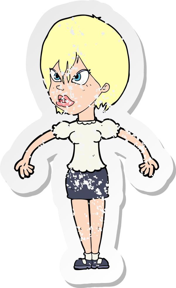 retro distressed sticker of a cartoon annoyed woman vector