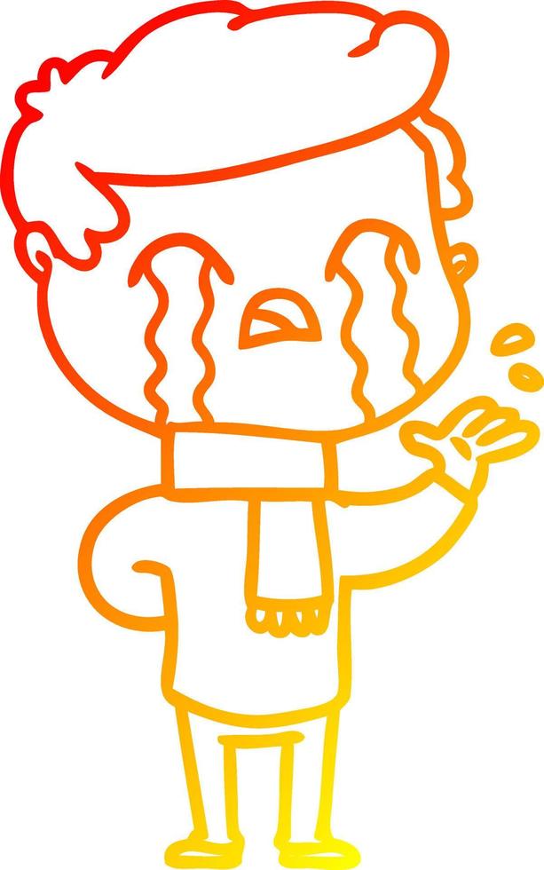 warm gradient line drawing cartoon man crying wearing winter scarf vector