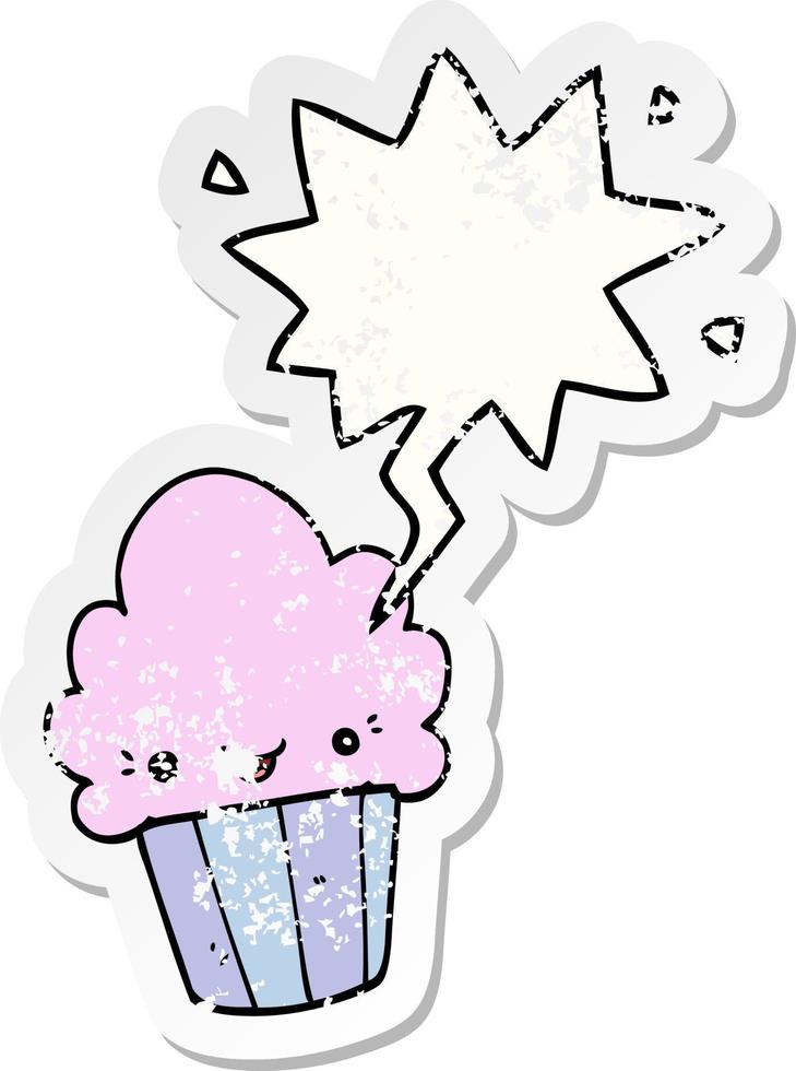 cartoon cupcake and face and speech bubble distressed sticker vector