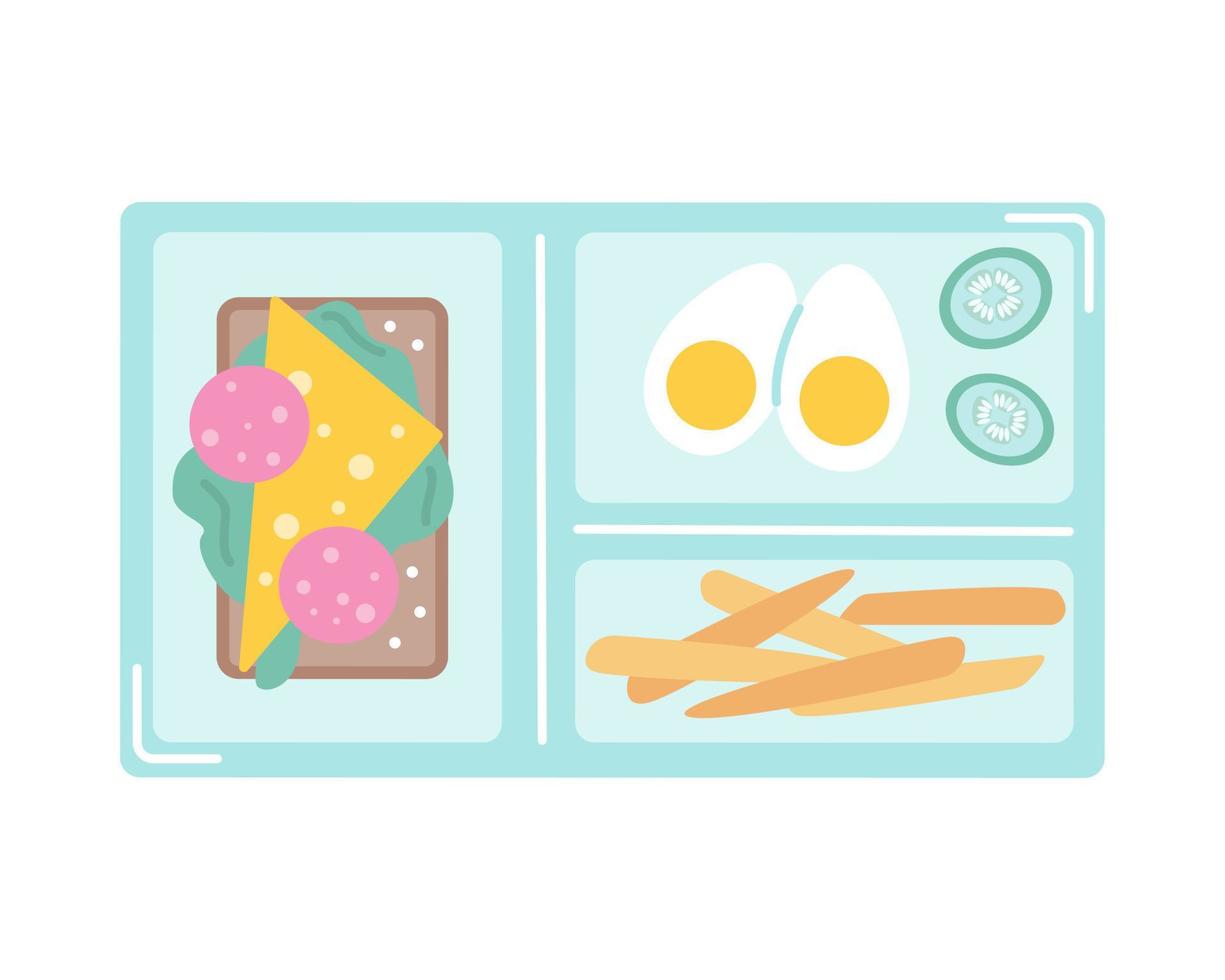 School breakfast on tray, eggs, sandwich, cucumbers and carrots. Vector flat illustration on white background