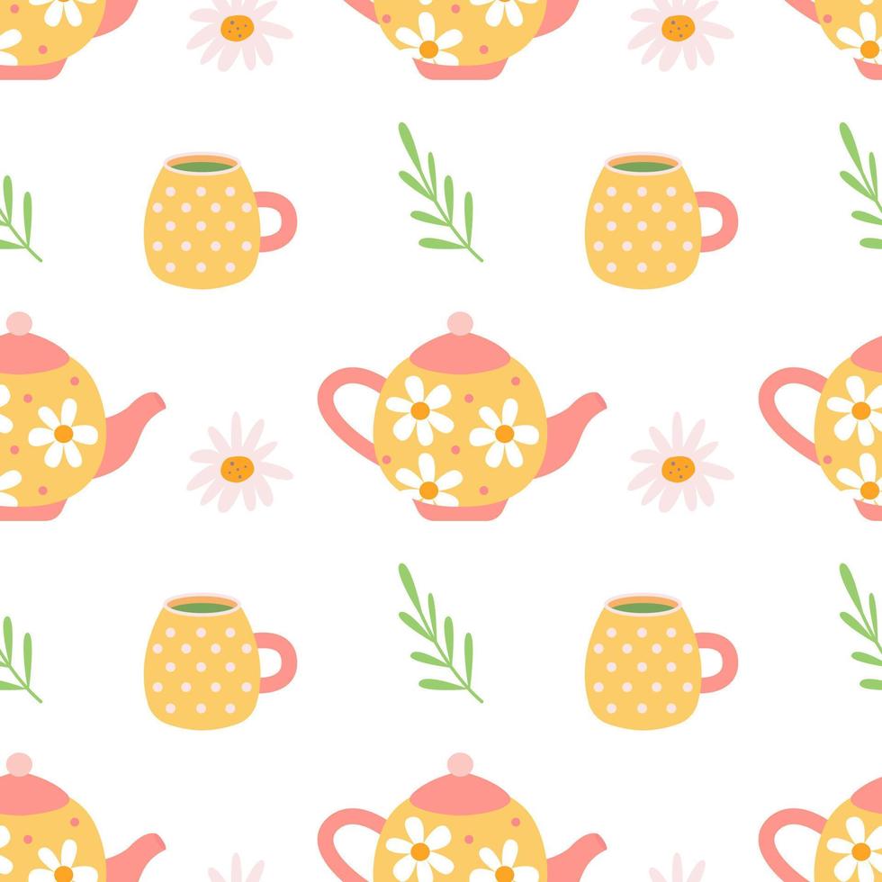 Teapots and mugs with tea, daisies on white background, vector seamless pattern in flat hand drawn style