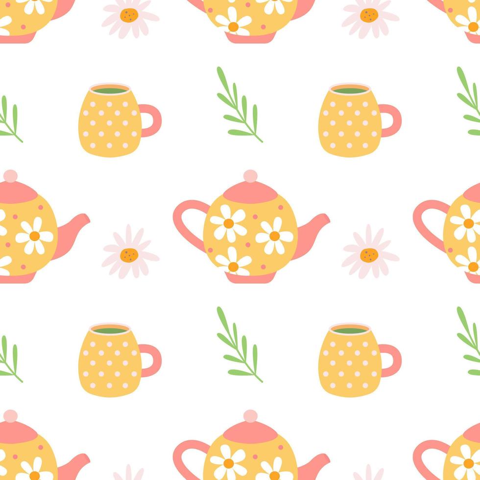 Teapots and mugs with tea, daisies on white background, vector seamless pattern in flat hand drawn style