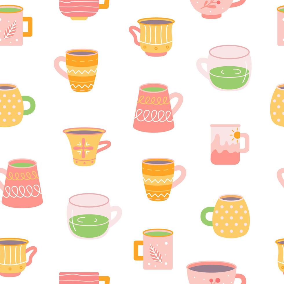 tazas con bebidas, té y café sobre fondo blanco, patrón vectorial sin fisuras en estilo plano dibujado a mano vector