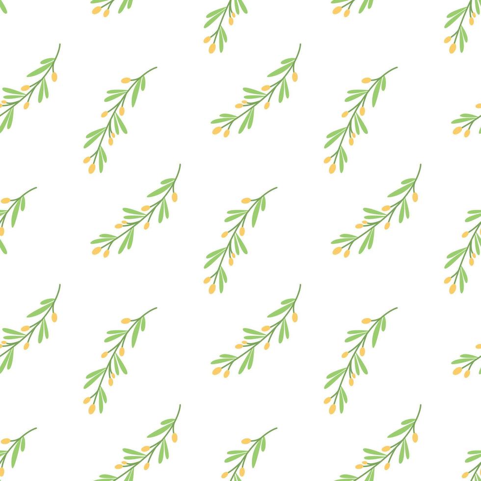 Sea buckthorn twigs on white background, vector seamless pattern in flat hand drawn style