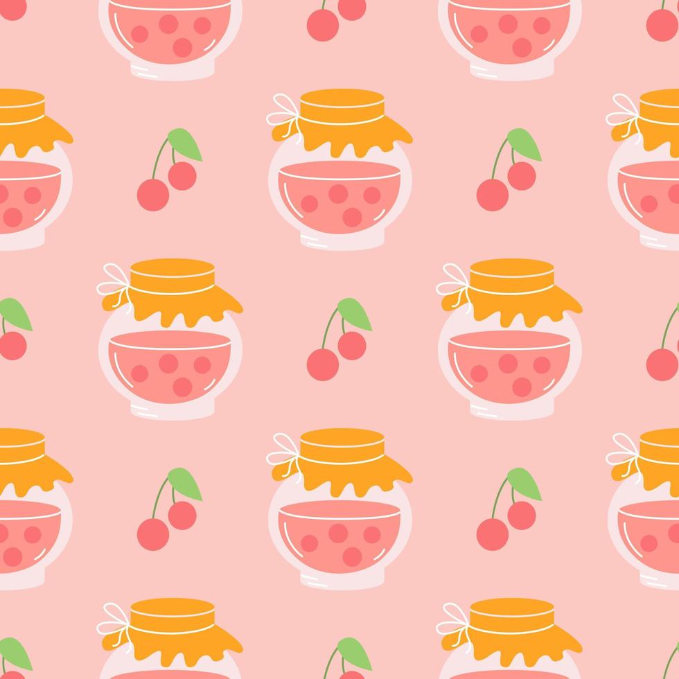 Cherry jam in glass jar on pink background, vector seamless pattern in flat hand drawn style