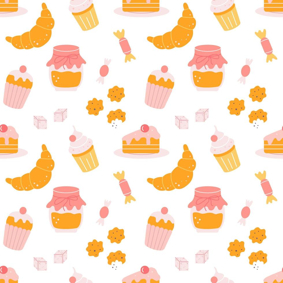 Sweets for tea or coffee. Cupcakes, candies, cookies. Vector seamless pattern