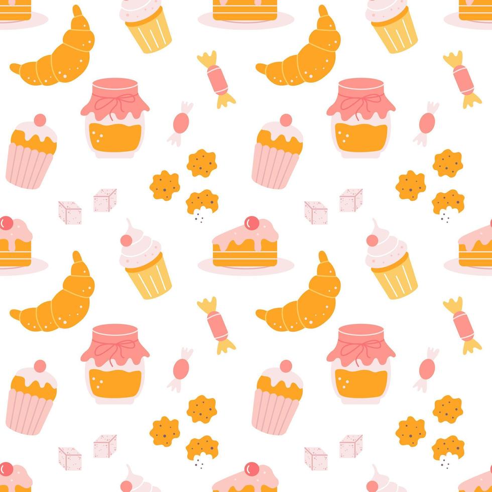 Sweets for tea or coffee. Cupcakes, candies, cookies. Vector seamless pattern