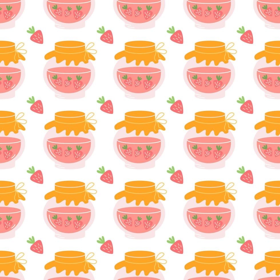 Strawberry jam in glass jar on white background, vector seamless pattern in flat hand drawn style