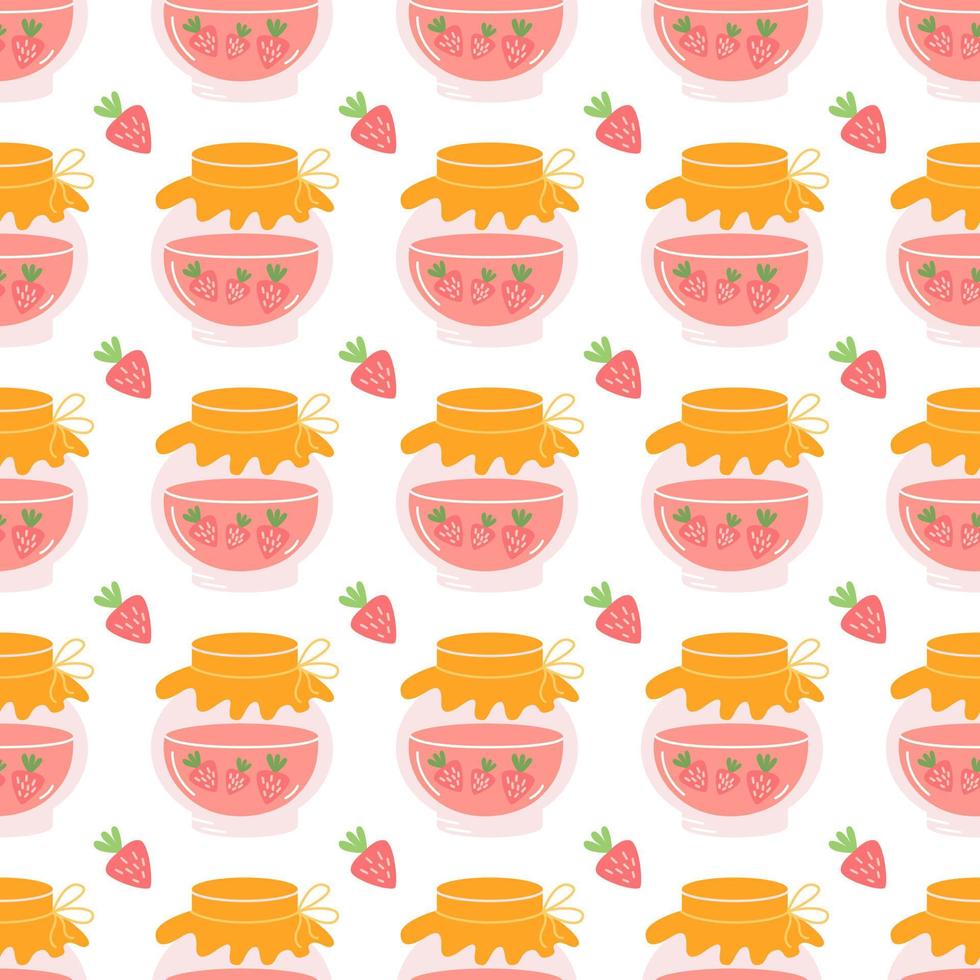 Strawberry jam in glass jar on white background, vector seamless pattern in flat hand drawn style