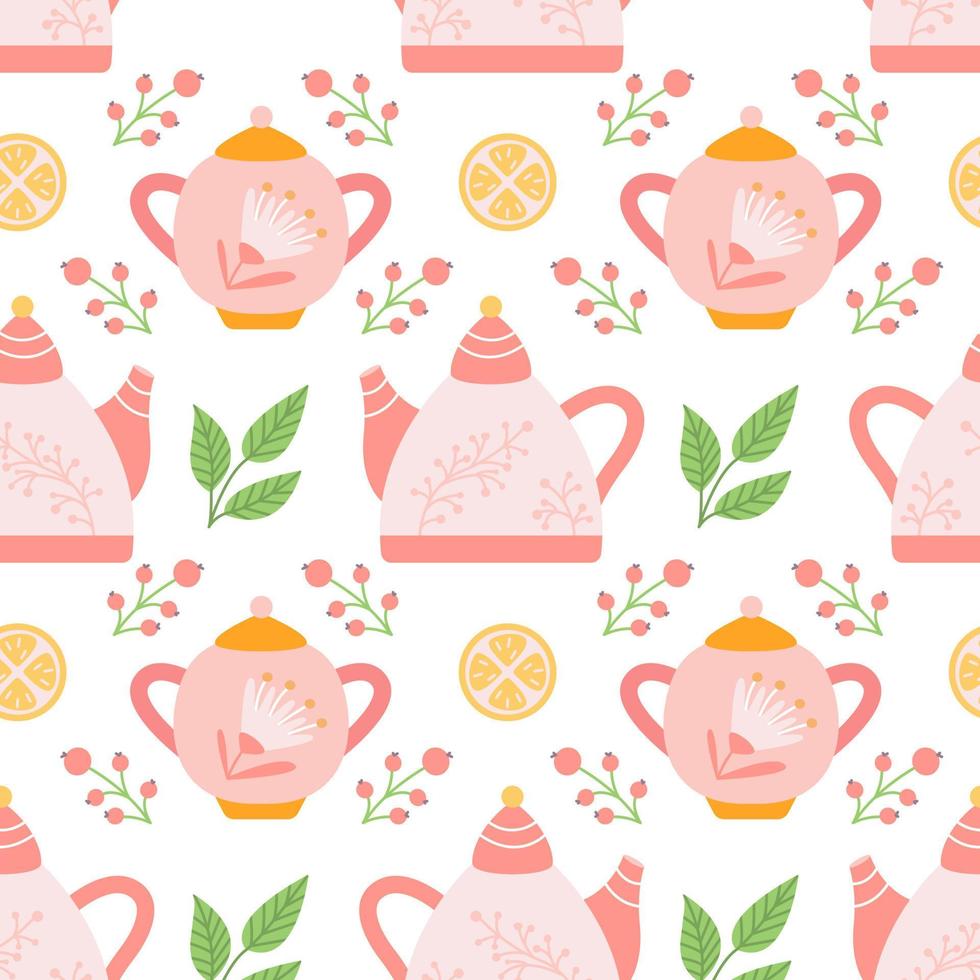 Teapot with sugar bowl, lemon, berries and tea leaves on white background, vector seamless pattern