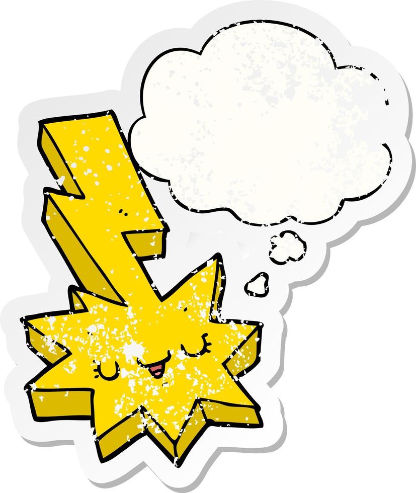 cartoon lightning strike and thought bubble as a distressed worn sticker vector