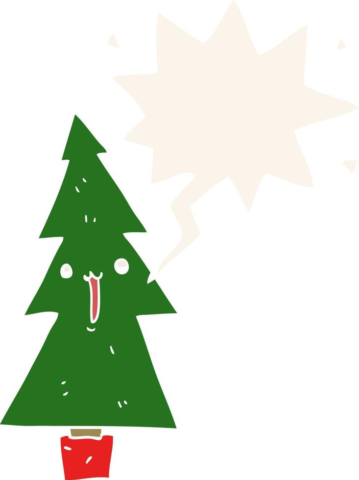 cartoon christmas tree and speech bubble in retro style vector