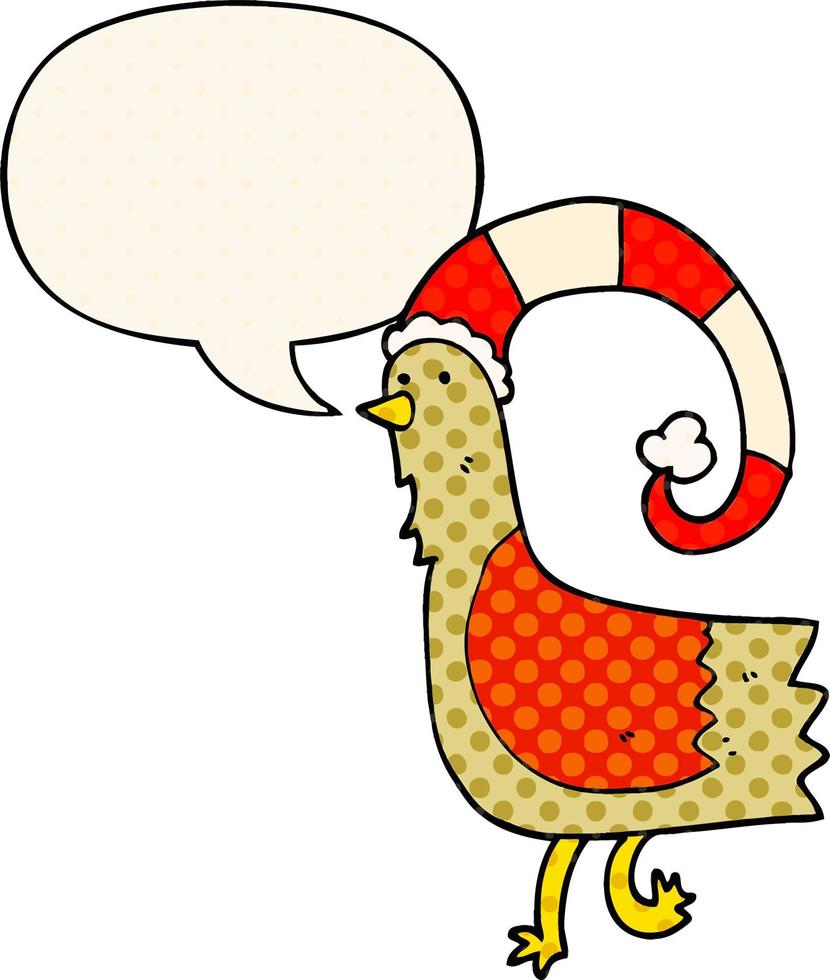 pollo de carotón con sombrero de navidad divertido y burbuja de habla al estilo de un libro de historietas vector