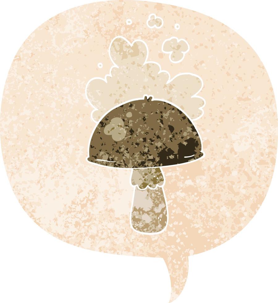 cartoon mushroom with spore cloud and speech bubble in retro textured style vector