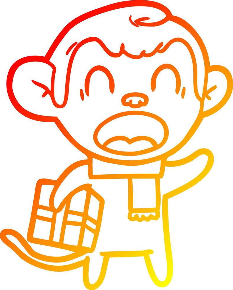 warm gradient line drawing shouting cartoon monkey carrying christmas gift vector