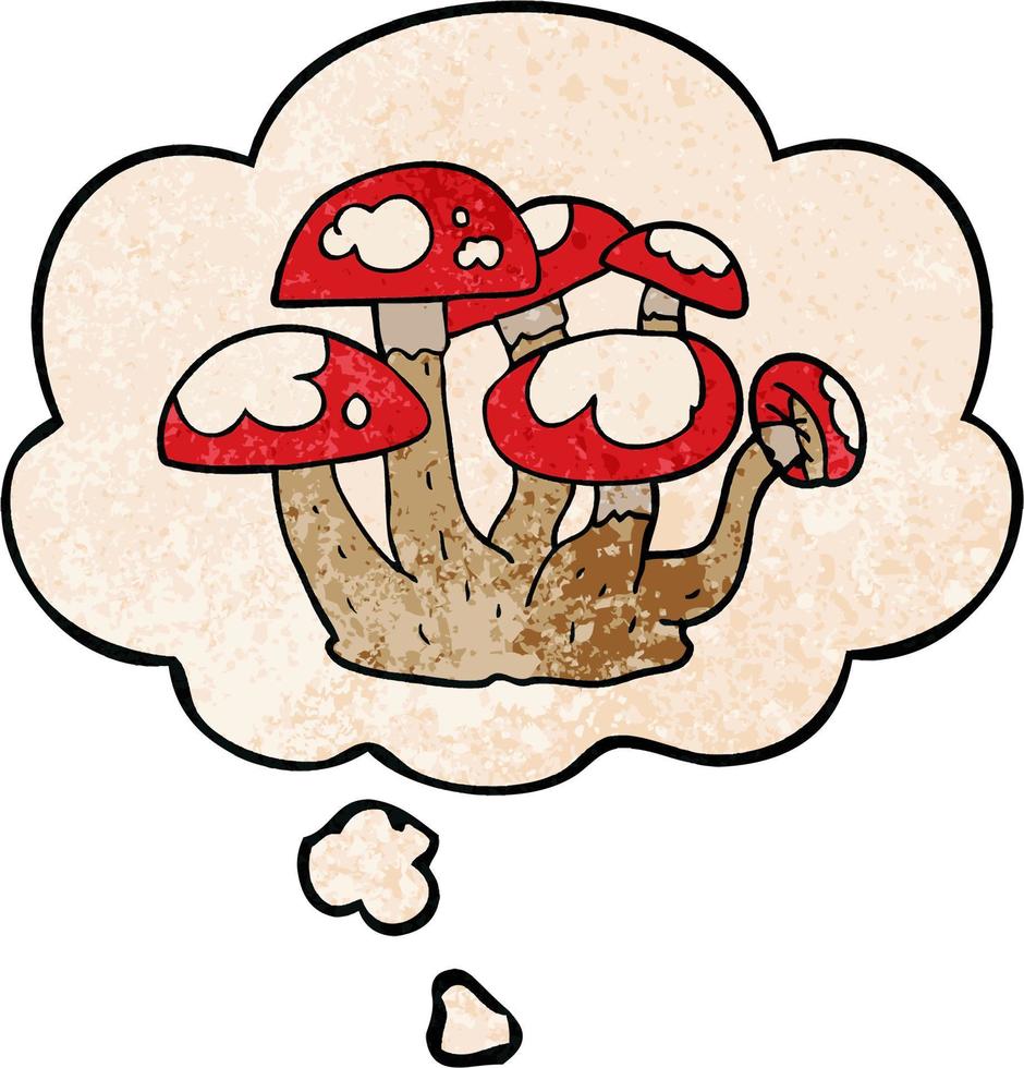 cartoon mushrooms and thought bubble in grunge texture pattern style vector