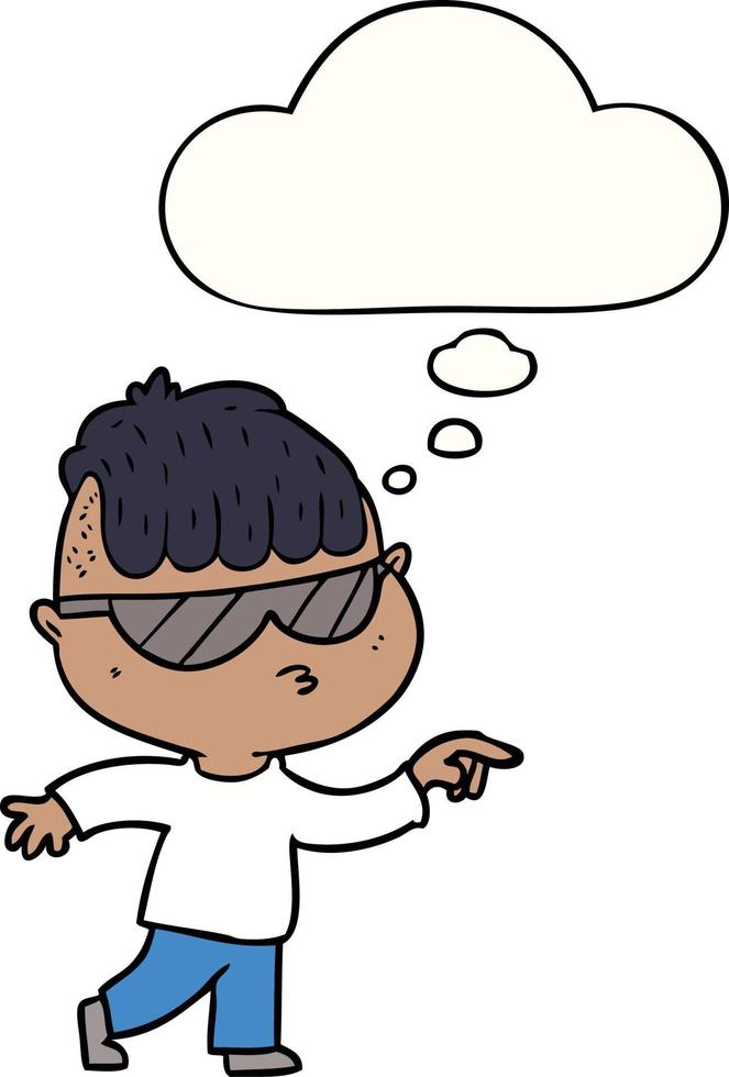 cartoon boy wearing sunglasses pointing and thought bubble vector