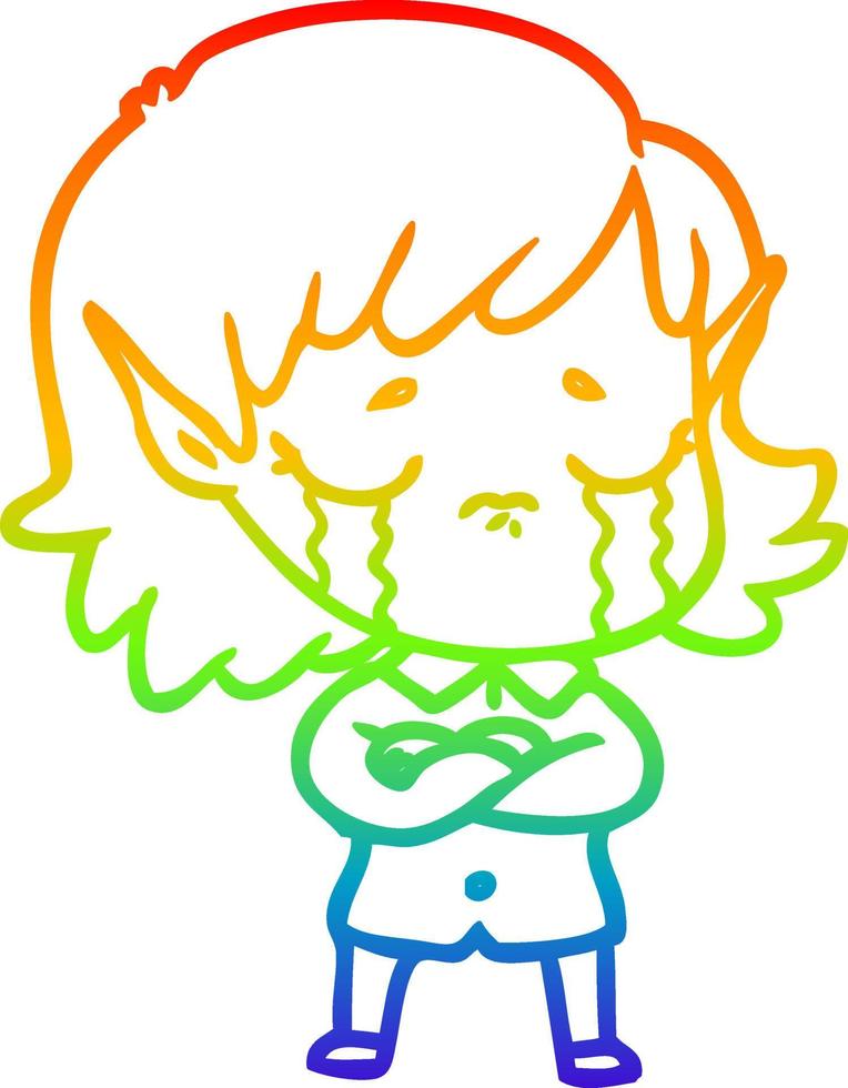 rainbow gradient line drawing cartoon crying elf girl vector