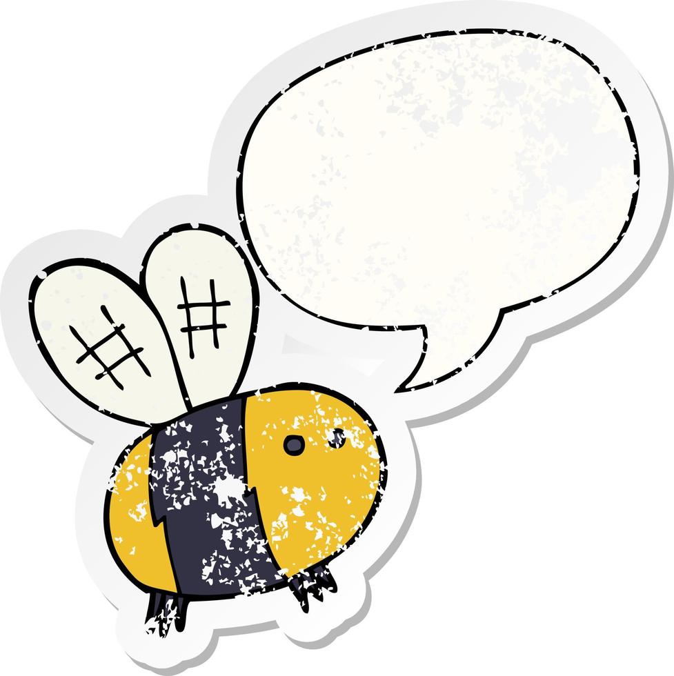 cartoon bee and speech bubble distressed sticker vector