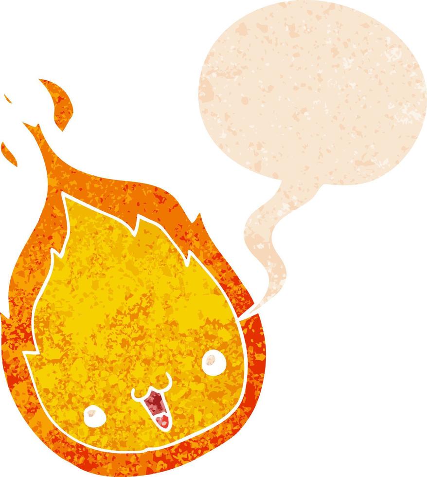 cute cartoon flame and speech bubble in retro textured style vector