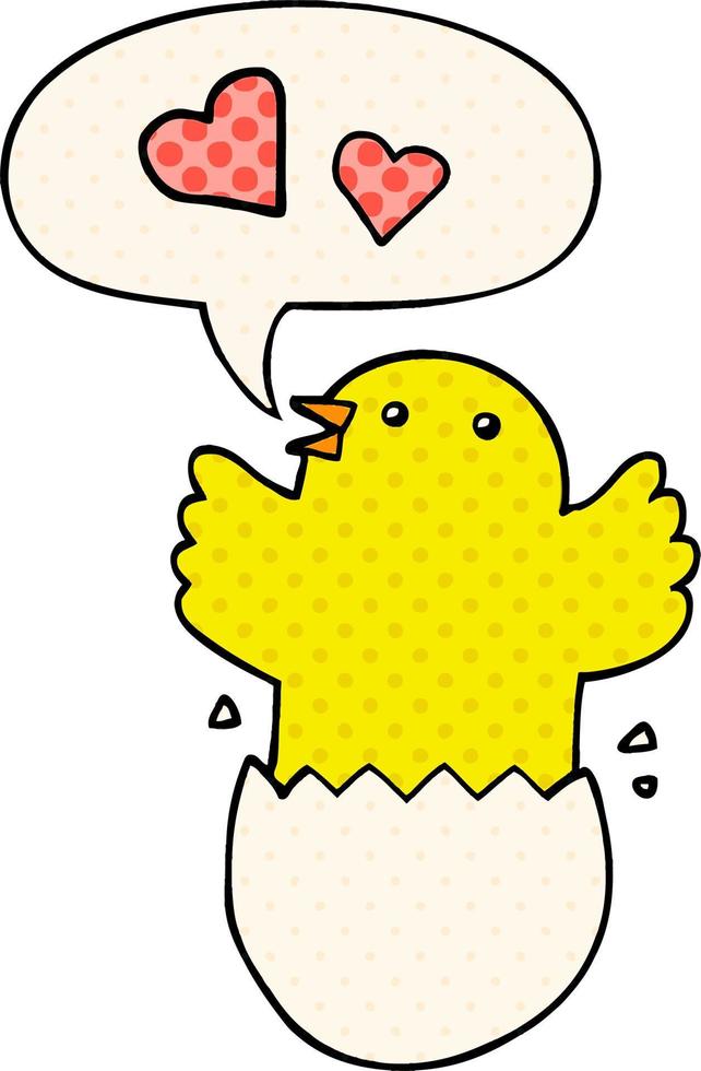 cute hatching chick cartoon and speech bubble in comic book style vector