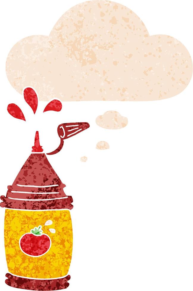 botella de ketchup de dibujos animados y burbuja de pensamiento en estilo retro texturizado vector