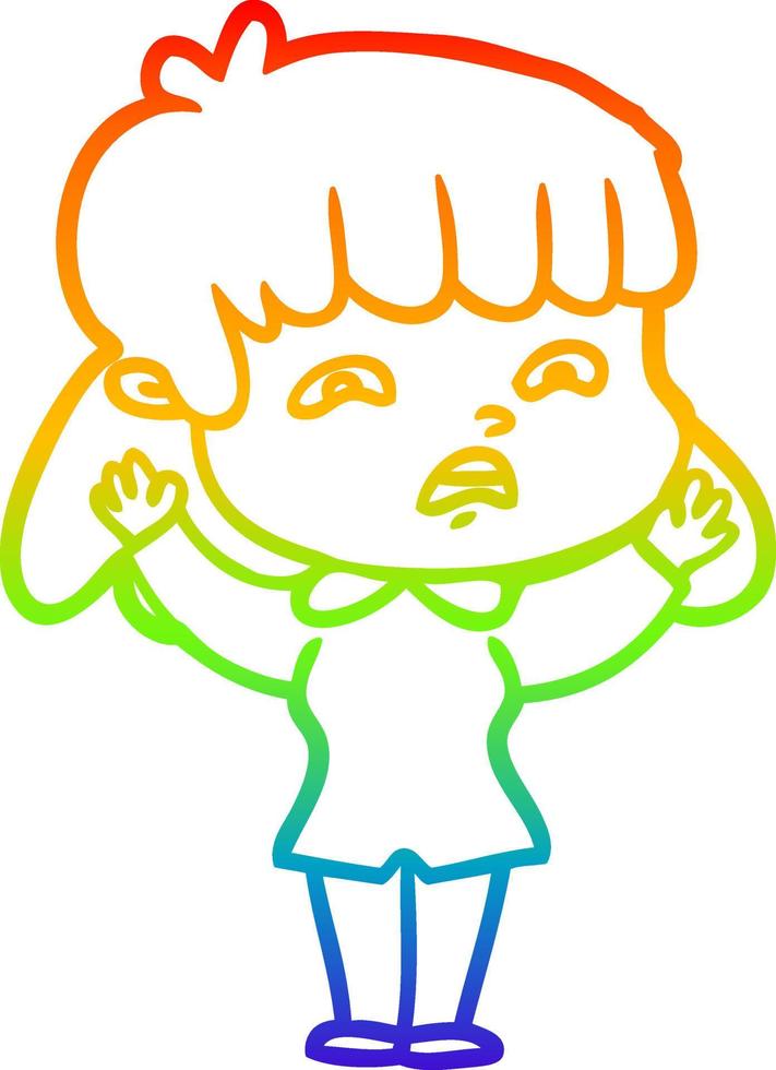 rainbow gradient line drawing cartoon worried woman vector