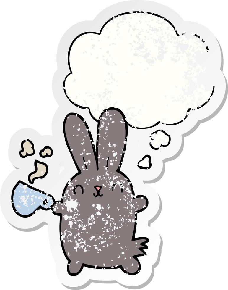 cute cartoon rabbit with coffee cup and thought bubble as a distressed worn sticker vector