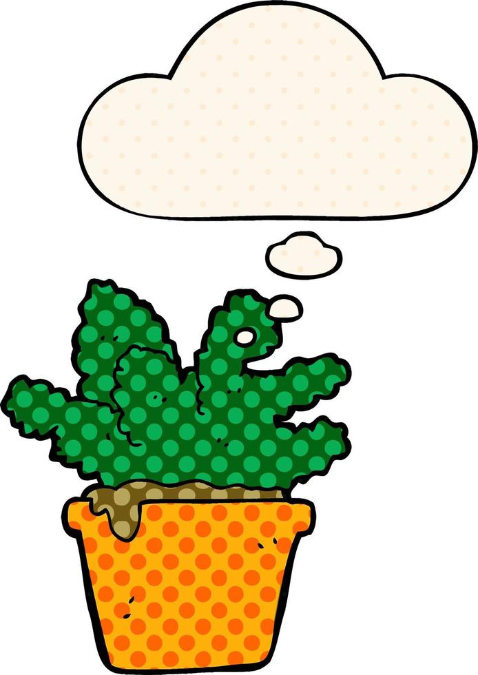 cartoon house plant and thought bubble in comic book style vector