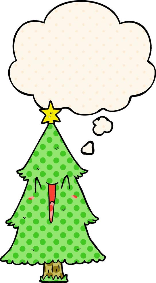 cartoon christmas tree and thought bubble in comic book style vector