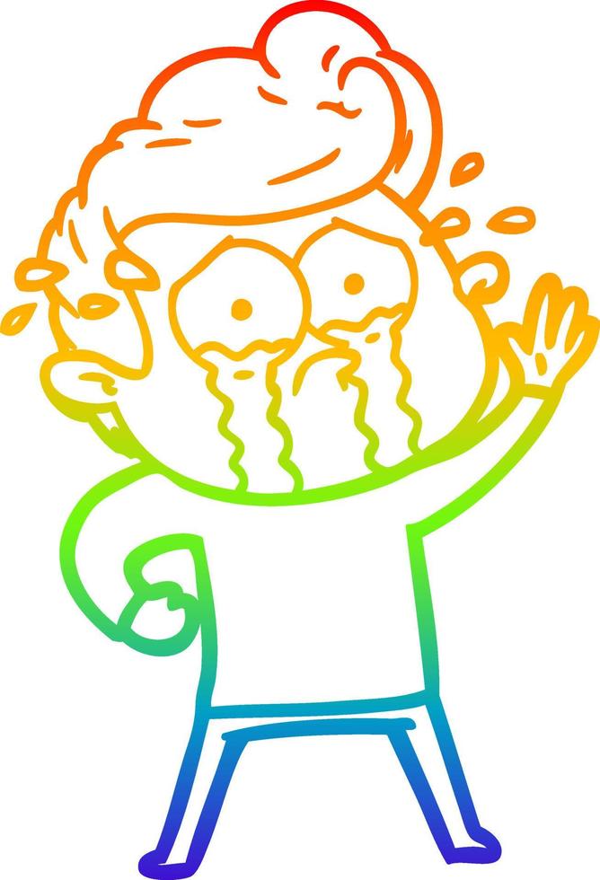 rainbow gradient line drawing cartoon crying man waving vector