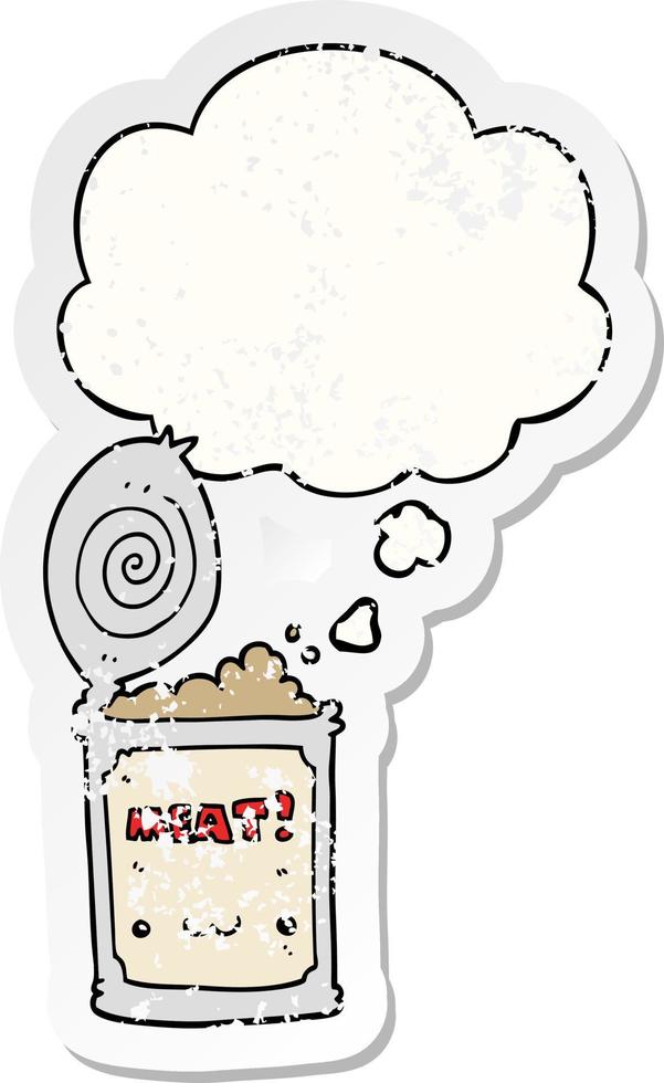cartoon canned food and thought bubble as a distressed worn sticker vector