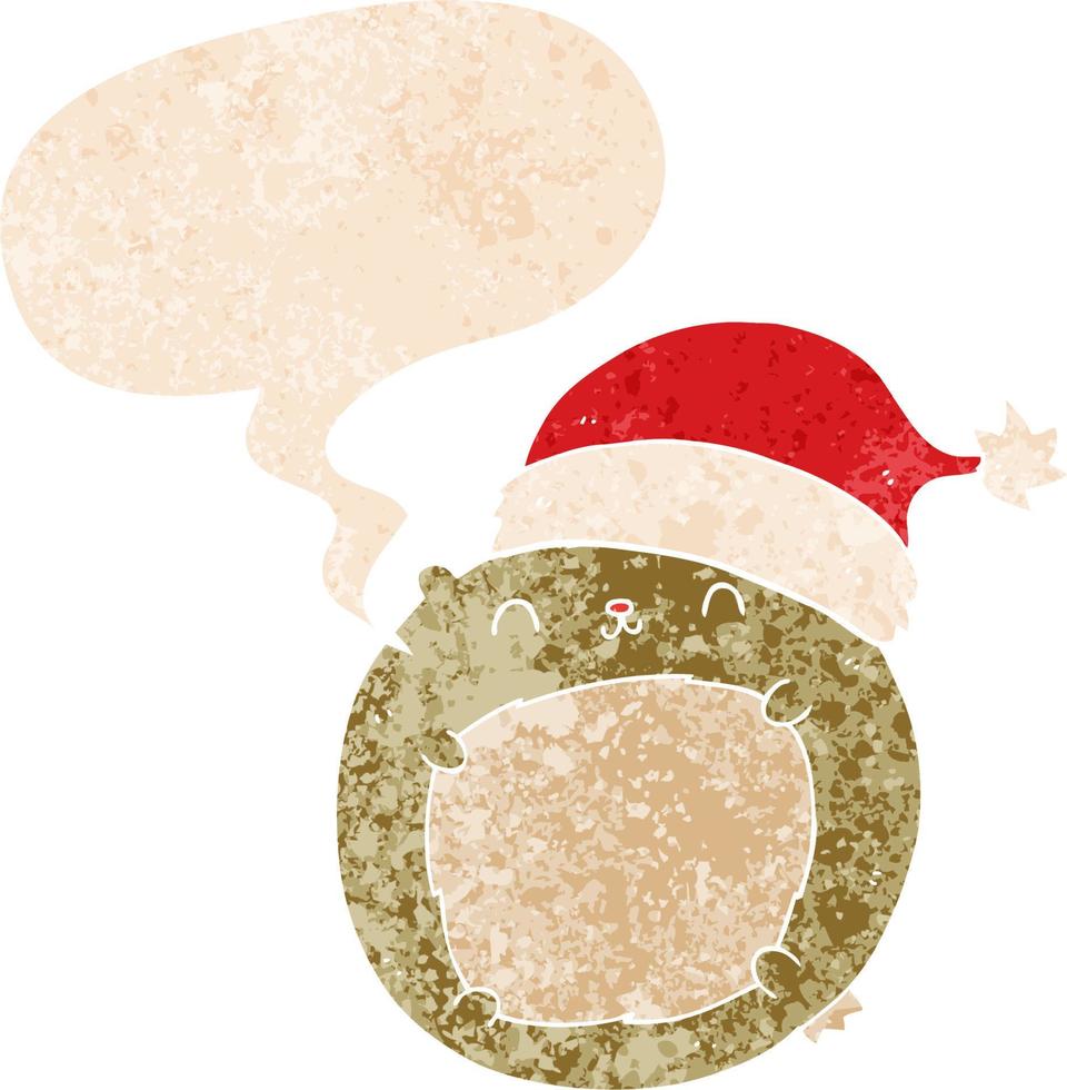 lindo oso de navidad de dibujos animados y burbuja de habla en estilo retro texturizado vector